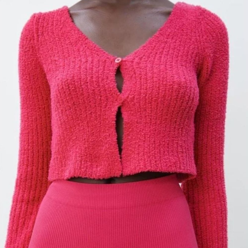 NWOT Zara Hot PInk Chenille Cropped Cardigan. - Picture 5 of 12